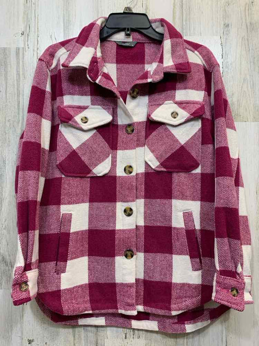 PRE-OWNED Tops Size S WHT/MGNTA Checkered LONG SLEEVES BUTTON UP SHACKET