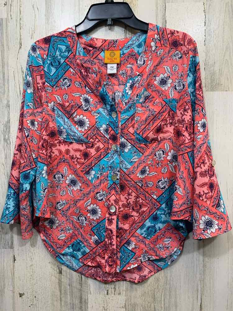 PRE-OWNED RUBY RD Tops Size PM PINK/AQUA/BLK/WHT Floral 3/4 SLEEVE TOP/V CUT BUT