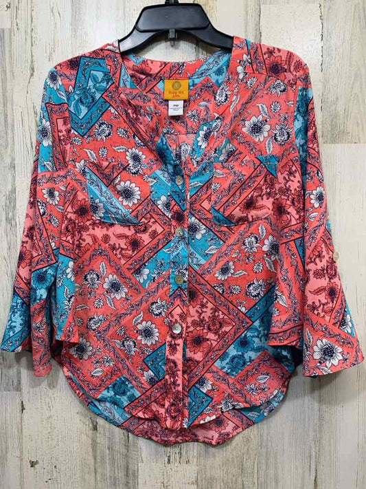 PRE-OWNED RUBY RD Tops Size PM PINK/AQUA/BLK/WHT Floral 3/4 SLEEVE TOP/V CUT BUT
