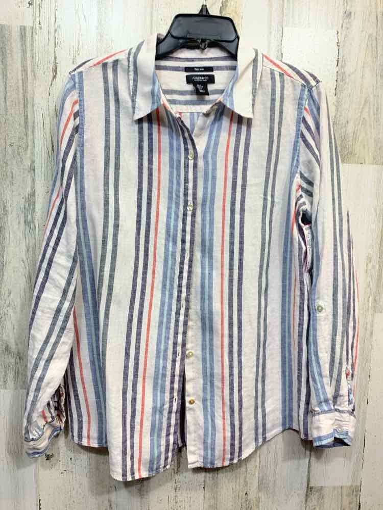 PRE-OWNED JONES & COMPANY Tops Size L WHT/BLU/RED Linen STRIPED BUTTON UP Shirt