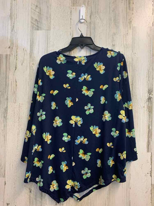 PRE-OWNED ZAC&RACHEL Tops Size XL NAVY/ GRN/ YLLW FLOWERS LONG SLEEVES TOP/NAVY/