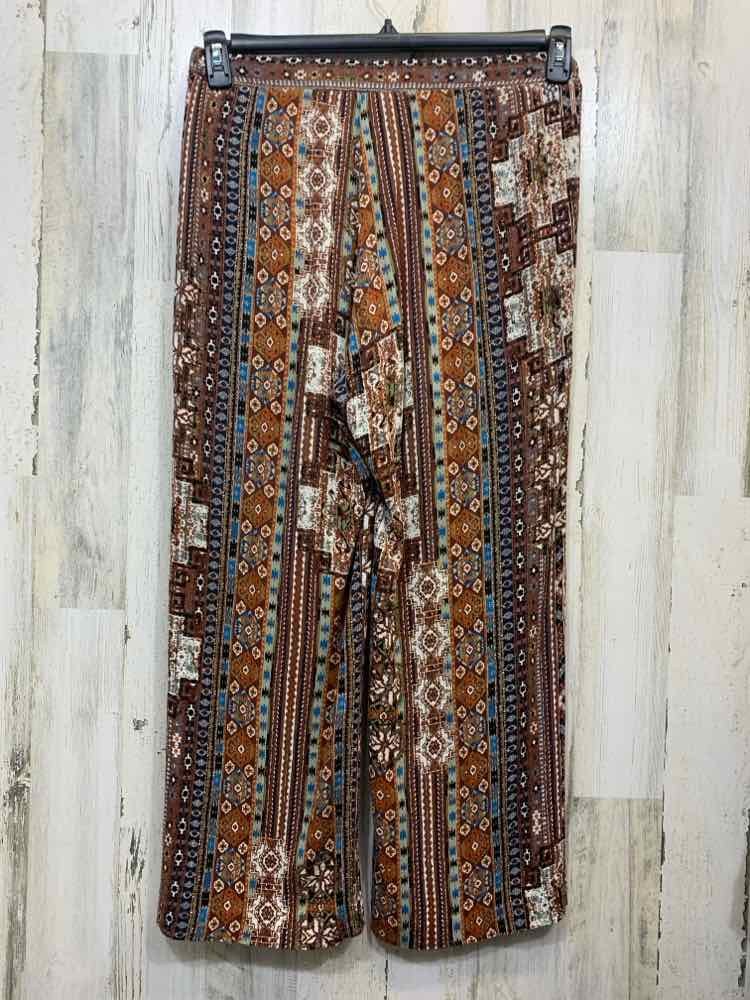 PRE-OWNED Size M KAREN KANE BOTTOMS WHT/BRN/BLU TRIBAL WIDE LEG PULL ON  Pants