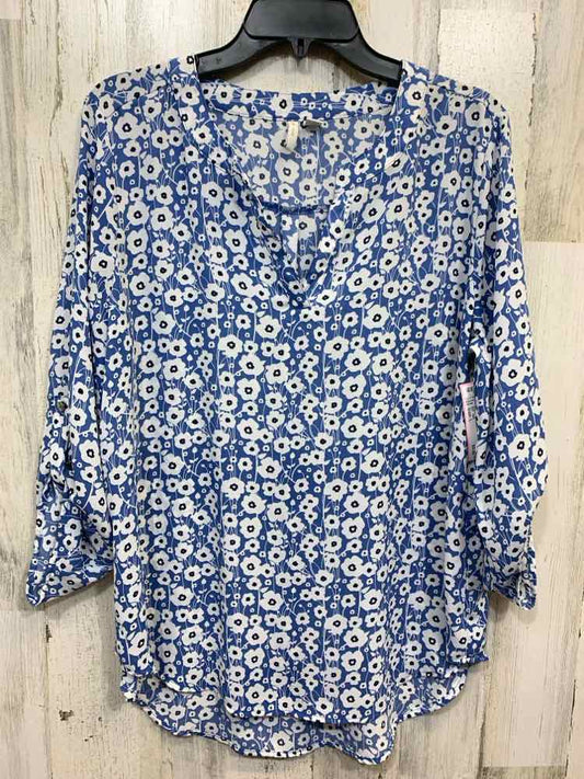 PRE-OWNED EST. 1946 Tops Size L BLK/WHT/BLU Floral 3/4  TABSLEEVE Blouse