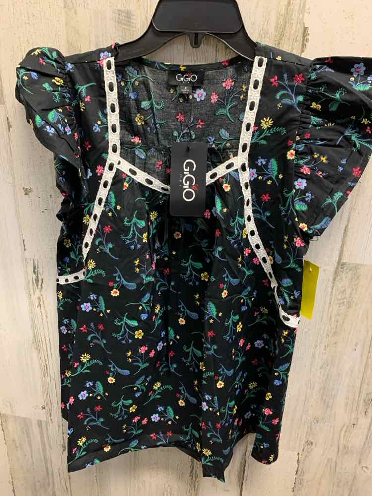 NWT GIGIO Tops Size M BLK/GRN/RED Floral SQUARE COLLAR /SELF TIE SATIN RIBBON AC