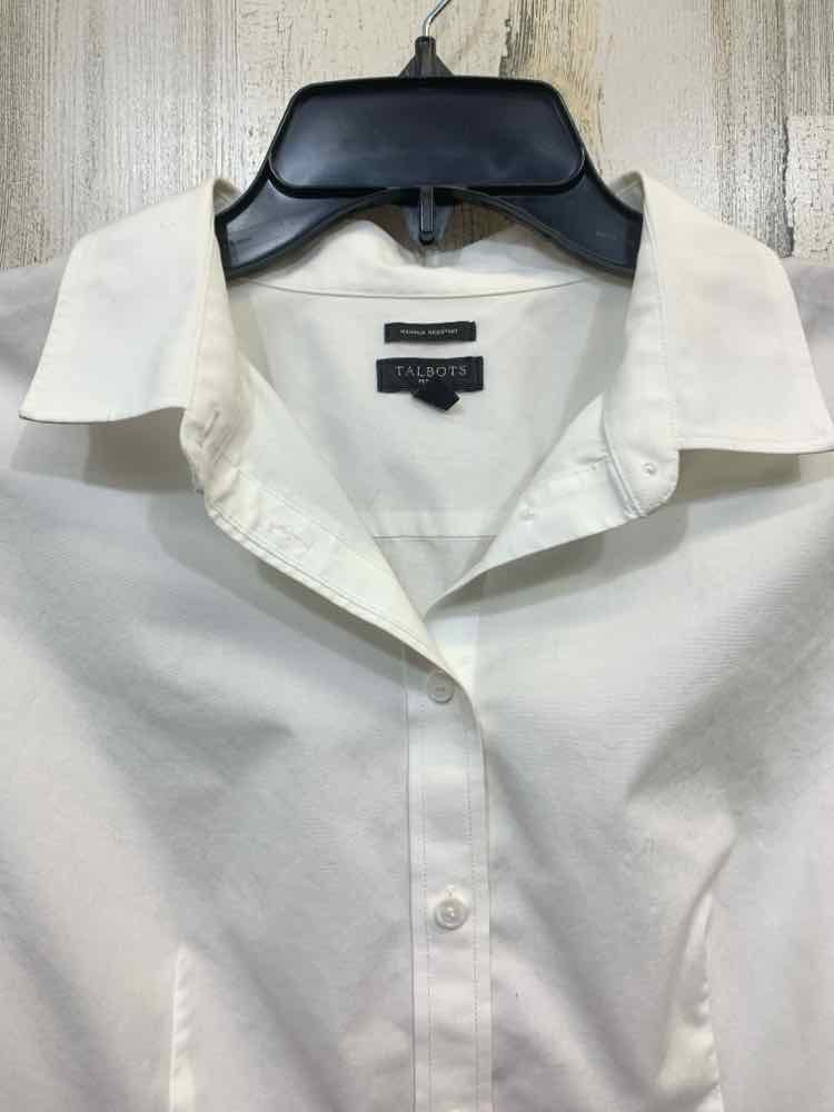 PRE-OWNED TALBOTS Tops Size 14P White Solid 3/4 SLEEVE Blouse/COLLARED BUTTON DO