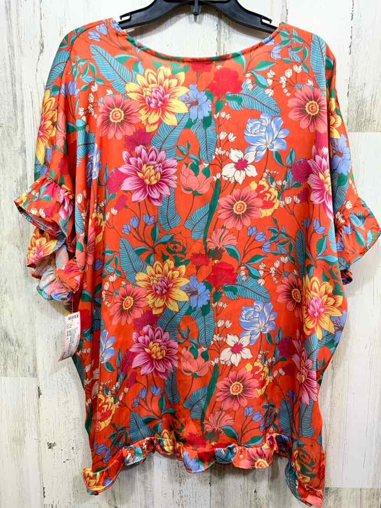 PRE-OWNED UMGEE Tops Size L ORANGE/TEAL/YELLOW/BLUE/GRN Floral Blouse/FLORAL SHO