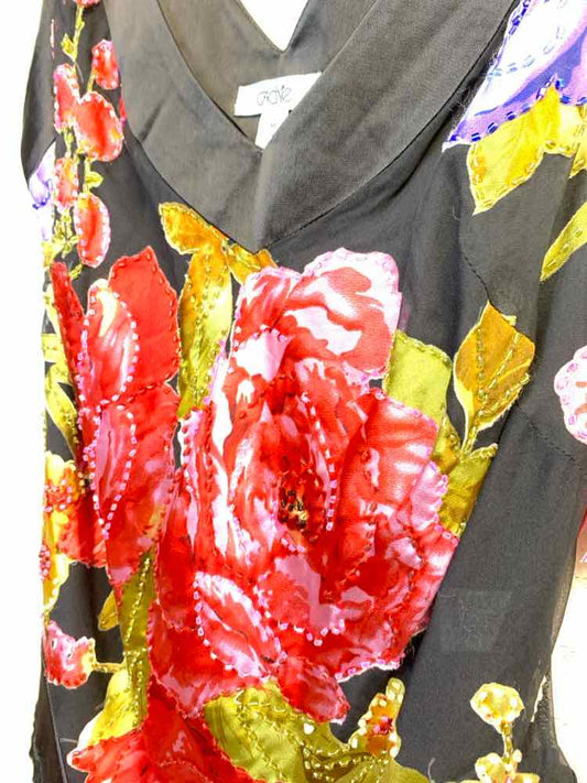 CACHE Tops Size M BLK/RED/GRN ROSES SLEEVELESS TOP