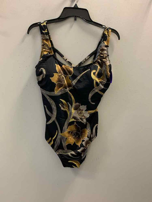 LONGITUDE Swimwear Size 16 BLK/GOLD Floral SPAGHETTI STRAP Swimsuit