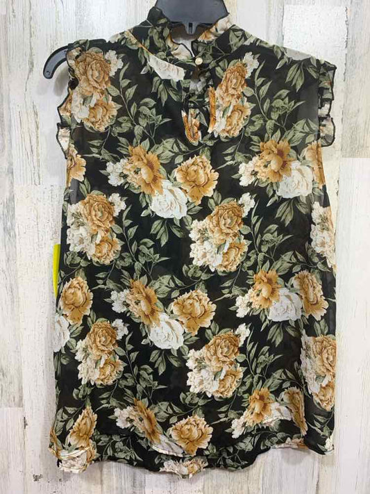 PRE-OWNED SHEIN/RUFFLED HIGH NECK SLEEVELESS FLORAL SEMI-SHEER MESH PEARL BUTTON