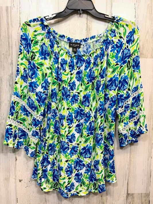 PRE-OWNED I.N. STUDIO PLUS SIZES Size 2X WHT/BLU/GRN Floral 3/4 SLEEVE Blouse