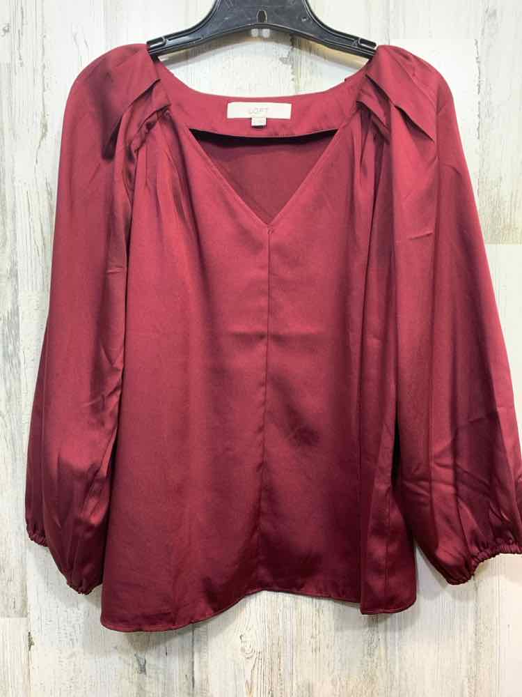 PRE-OWNED LOFT Tops Size S BURGANDY Solid LONG SLEEVE TOP/V NECK/PLEATED SHOULDE