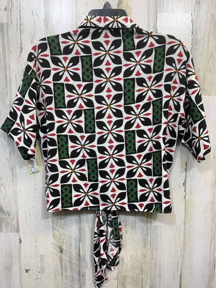 PRE-OWNED HAVER Tops Size M WHITE/BLACK/GREEN/RED ABSTRACT TIES ON FRONT Blouse/