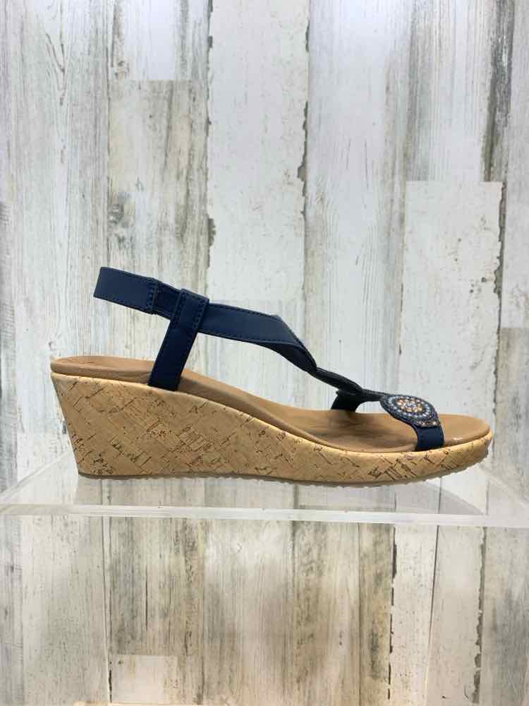 PRE-OWNED SKETCHERS SHOES Shoe Size 10 BLUE/TAN JEWELS WEDGE Sandals