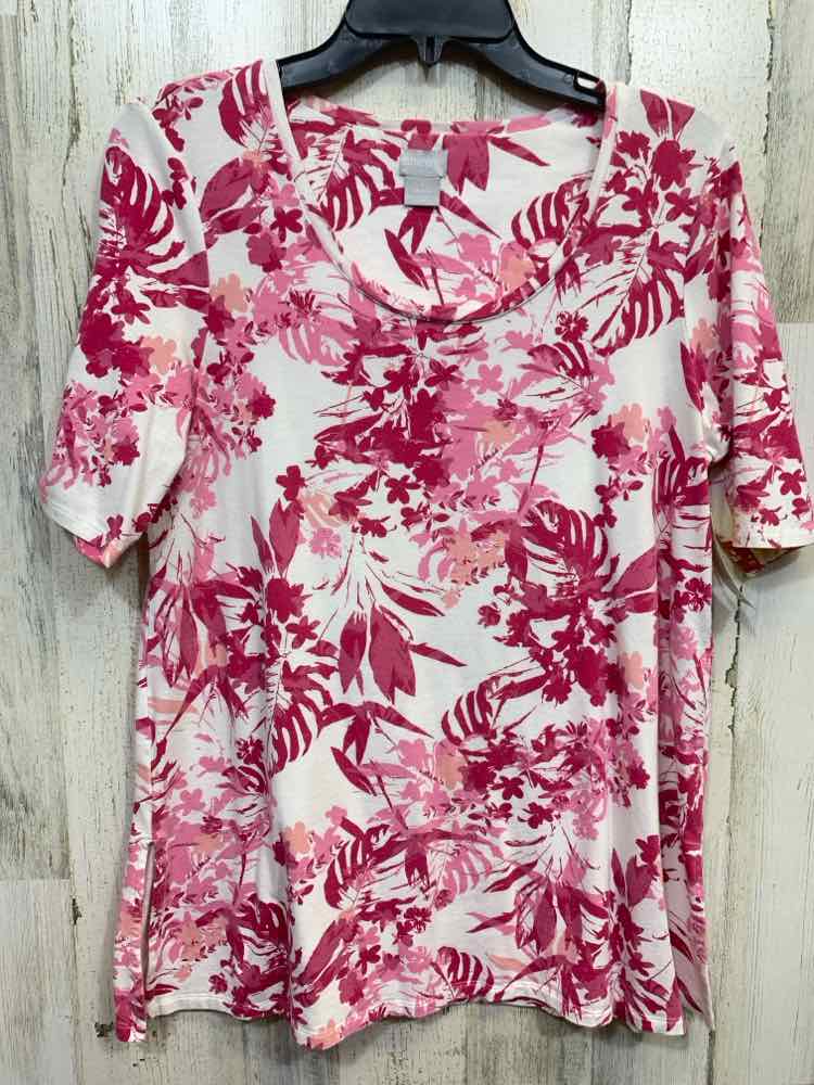 PRE-OWNED CHICO'S Tops Size 1 WHITE/PINK TROPICAL SHORT SLEEVES Shirt/WHITE/PINK