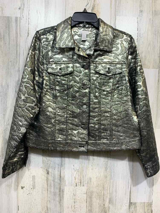 CHICO'S/METALLIC SILVER/BLACK PATTERNED DENIM STYLE JACKET