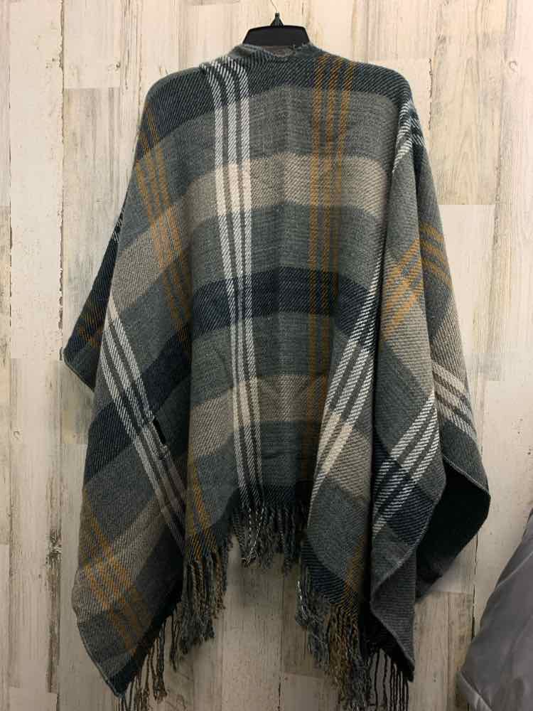 PRE-OWNED Tops Size One Size GRAY/BLACK/WHITE/TAN Plaid PONCHO PONCHO/GRAY/BLACK