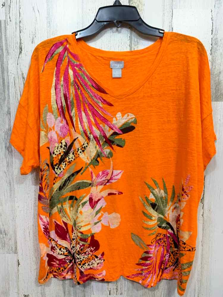 PRE-OWNED CHICOS PLATINUM Tops Size 3 ORANGE/GRN Floral SHORT SLEEVES Blouse