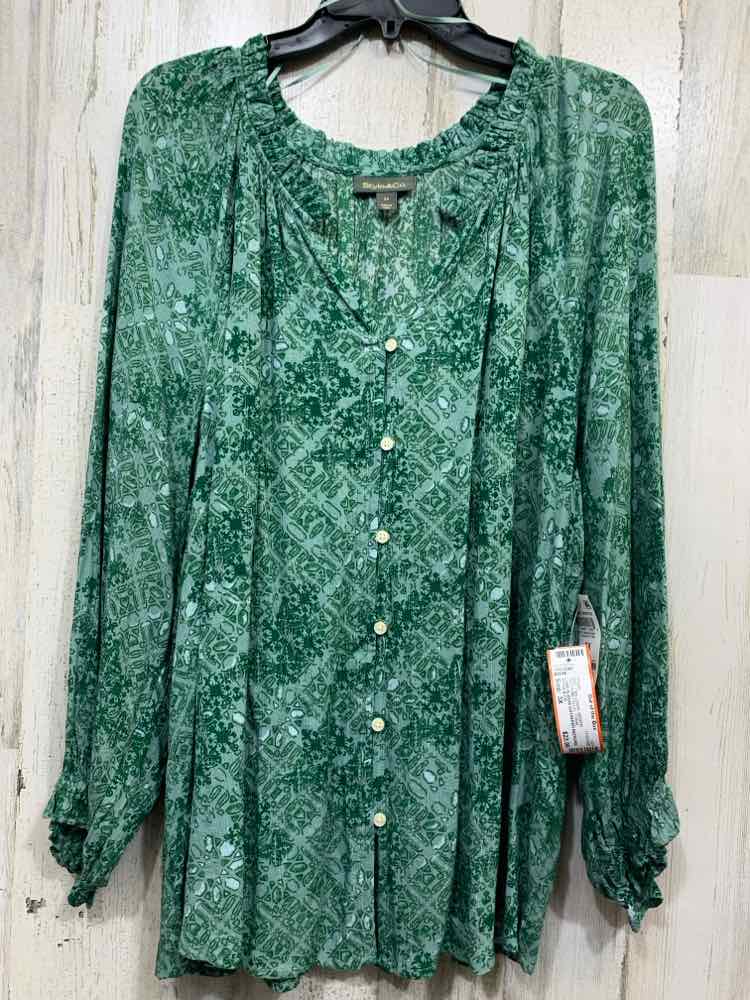NWT STYLE & CO//LONG SLEEVE GATHERED NECKLINE METALLIC STITCH ACCENT BUTTON-UP