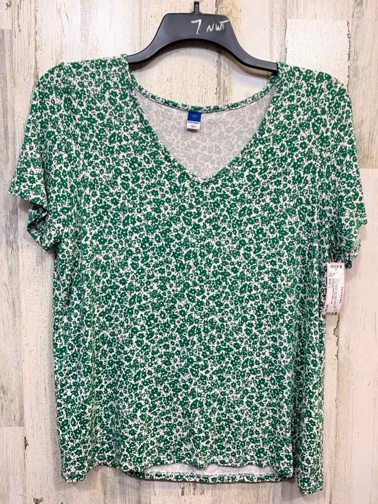 PRE-OWNED OLD NAVY Tops Size L GREEN/WHITE Floral SHORT SLEEVES Shirt/SHORT SLEE