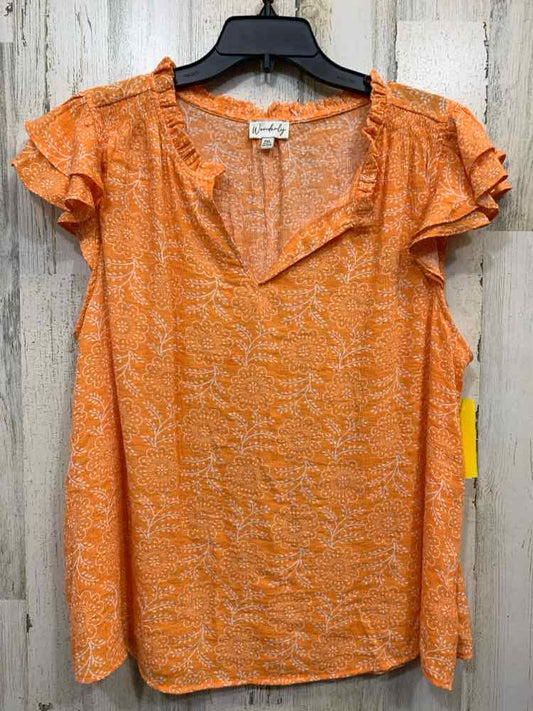 PRE-OWNED WONDERLY Tops Size PXL ORANGE/WHITE Floral SHORT SLEEVES Blouse/ORANGE