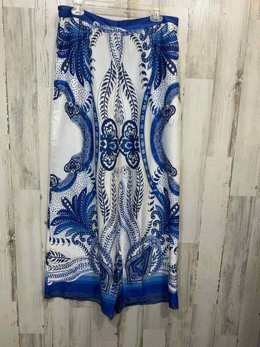 PRE-OWNED Size L CATO BOTTOMS WHITE/BLU Floral WIDE LEG Pants
