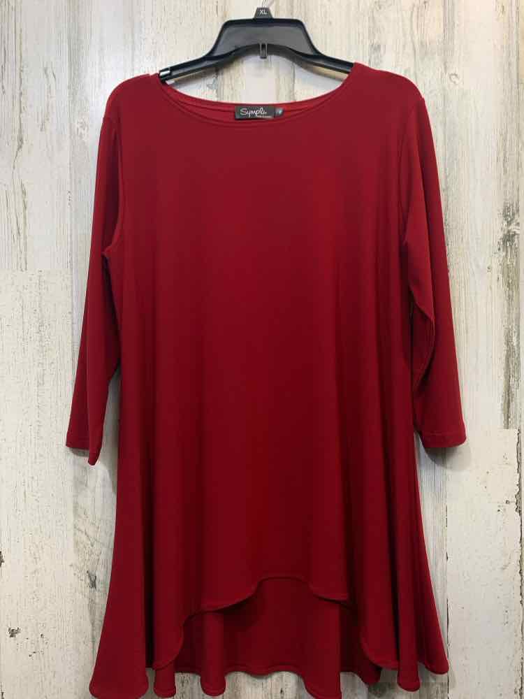 SIMPLIFY Tops Size 14 Red ELASTIC 3/4 LENGTH LONG BACK FLAIR
