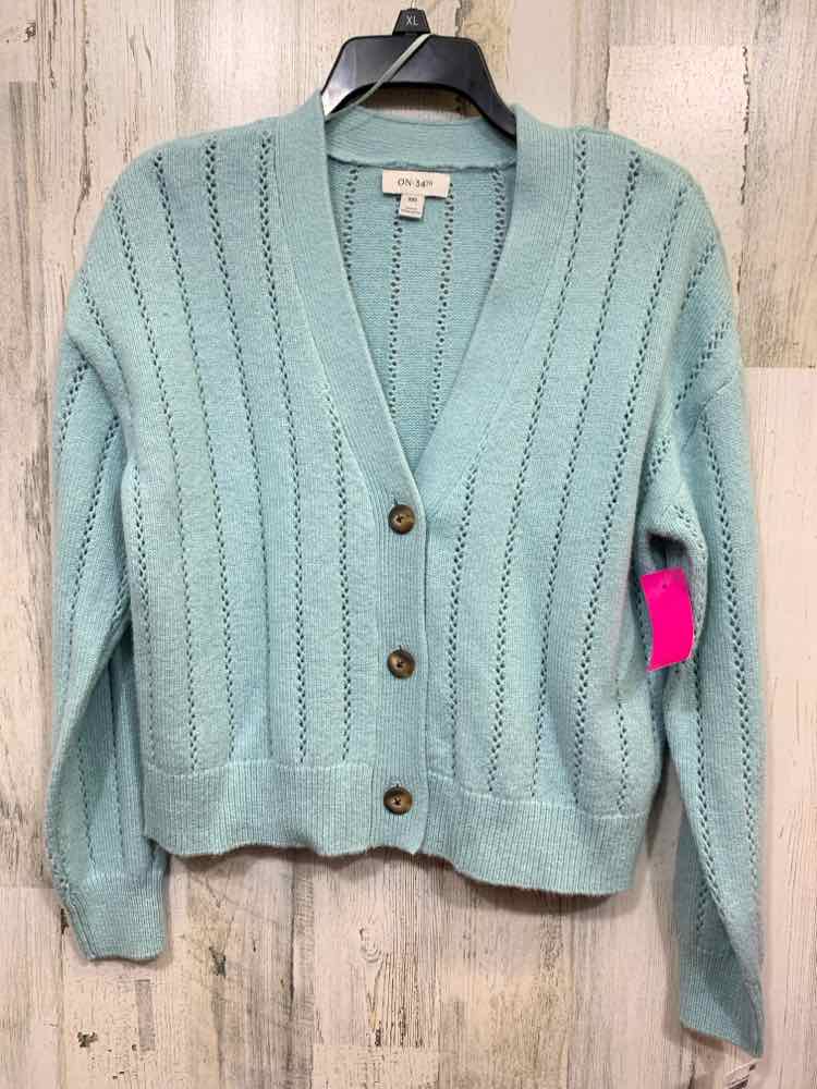 NWT ON 34TH  XXS AQUA Knit OPEN STITCH EYELET LONG SLEEVES BUTTON UP CARDIGAN
