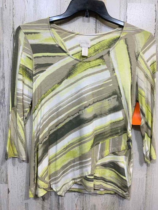 PRE-OWNED CHICOS PLATINUM Tops Size 0 WHT/TAN/GRN 3/4 SLEEVE Blouse