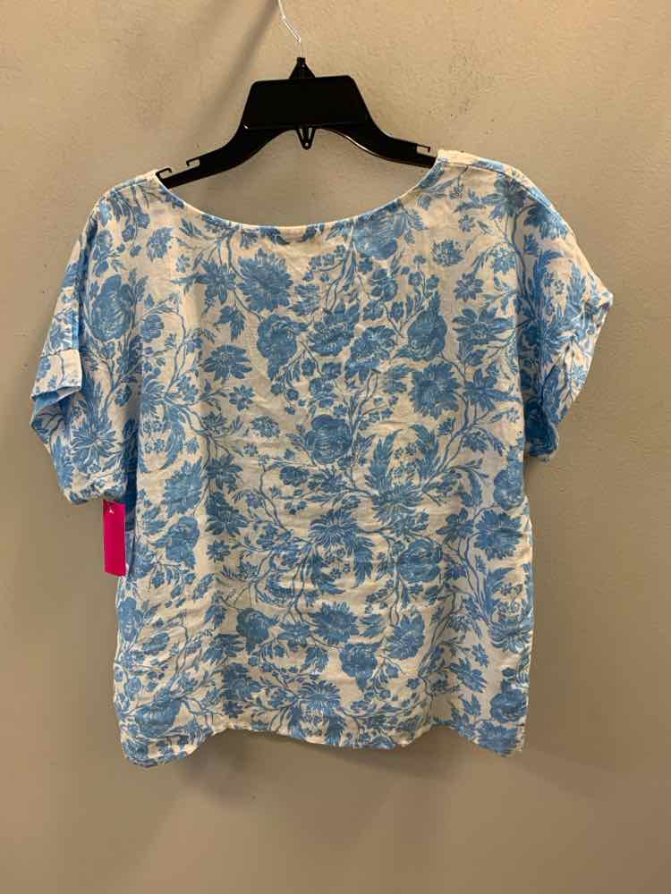 BELLUMBIA Tops Size S WHT/BLUE Floral CAP SLEEVE LINEN TOP