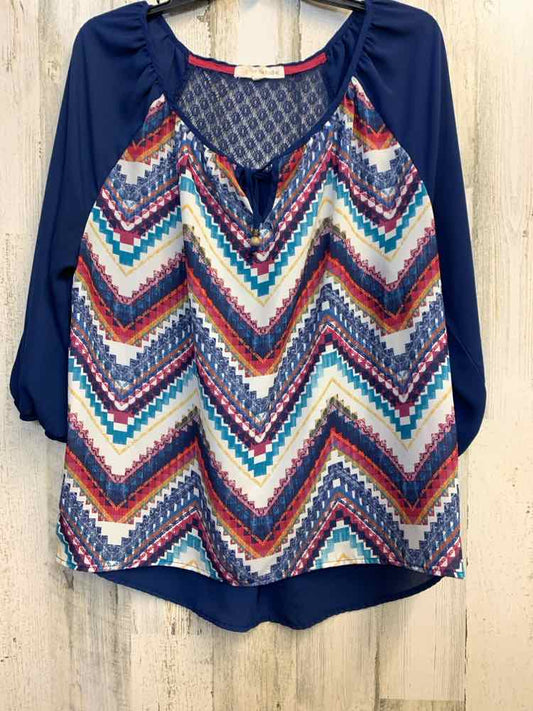 PRE-OWNED REWIND Tops Size L NAVY/MULTI-COLOR ZIG ZAG LONG SLEEVES TOP