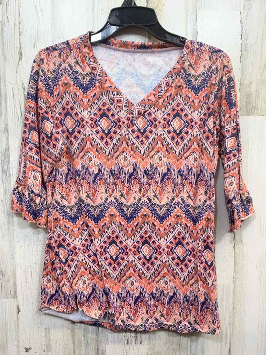 PRE-OWNED LOMON Tops Size M CORAL/BLUE Polyester Blend Geometric Blouse