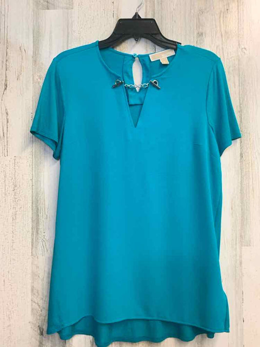 PRE-OWNED MICHAEL KORS Tops Size S AQUA Solid SHORT SLEEVES TOP/V-NECK CUT COLLA