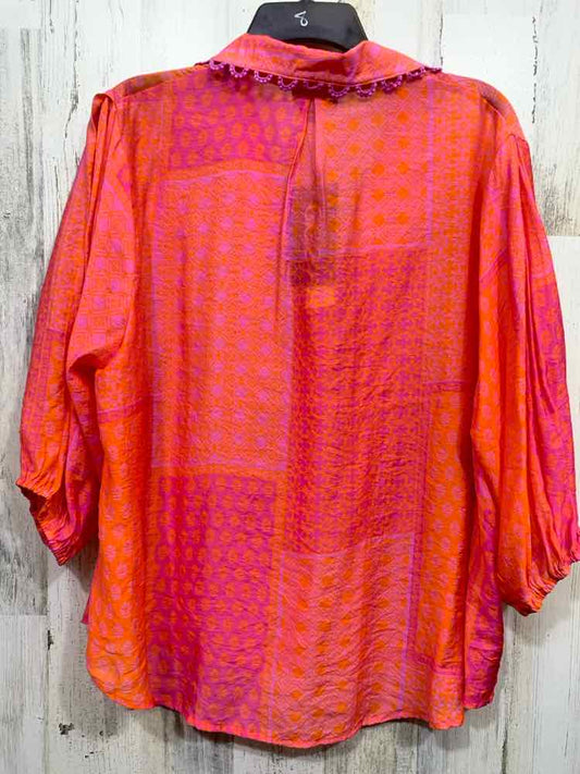 NWT GIGIO Tops Size L ORNG/PINK Floral SHORT SLEEVES/BUTTON UP W/COLLAR Blouse
