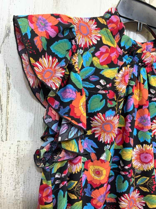 PRE-OWNED JODIFL Tops Size S Multi-Color Floral RUFFLE SLEEVE/MOCK NECK Blouse
