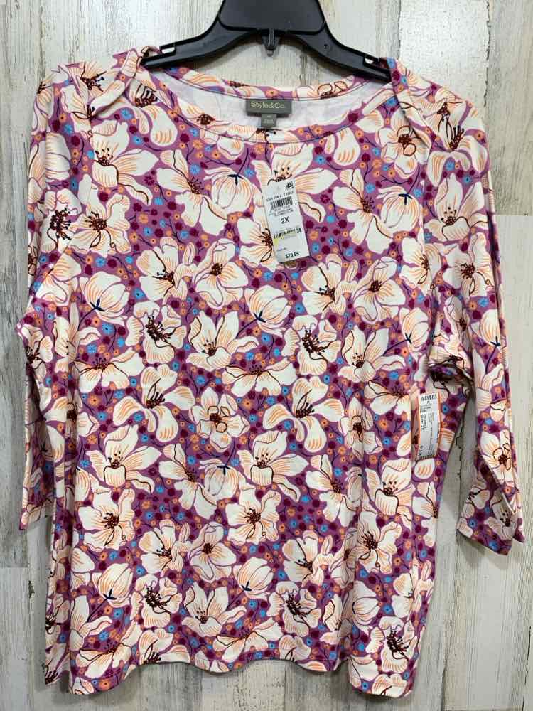 NWT STYLE & CO Tops Size 2X WHT/PRPL/BLUE Floral 3/4 SLEEVE Blouse