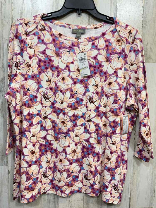 NWT STYLE & CO Tops Size 2X WHT/PRPL/BLUE Floral 3/4 SLEEVE Blouse