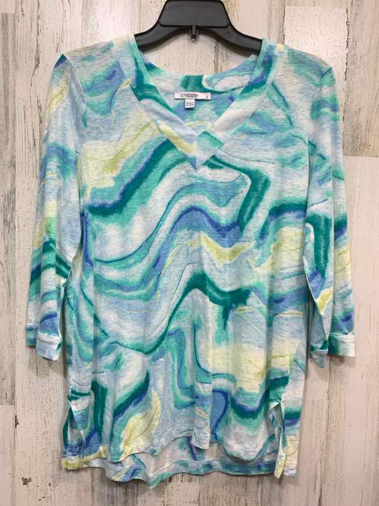 PRE-OWNED CHICO'S Tops Size 1 TEAL/AQUA/YLLW/GRN WATER COLORS 3/4 SLEEVE Shirt