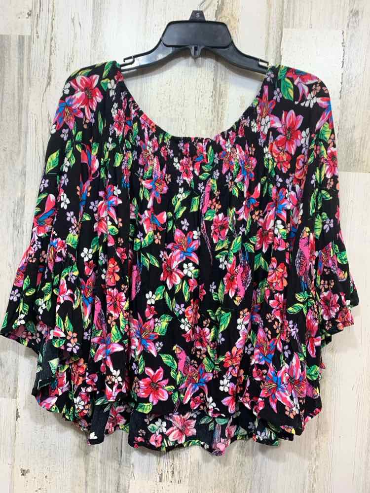 PRE-OWNED SELF ESTEEM Tops Size L BLK/MULTI-COLOR Floral 3/4 SLEEVE TOP/OFF SHOU