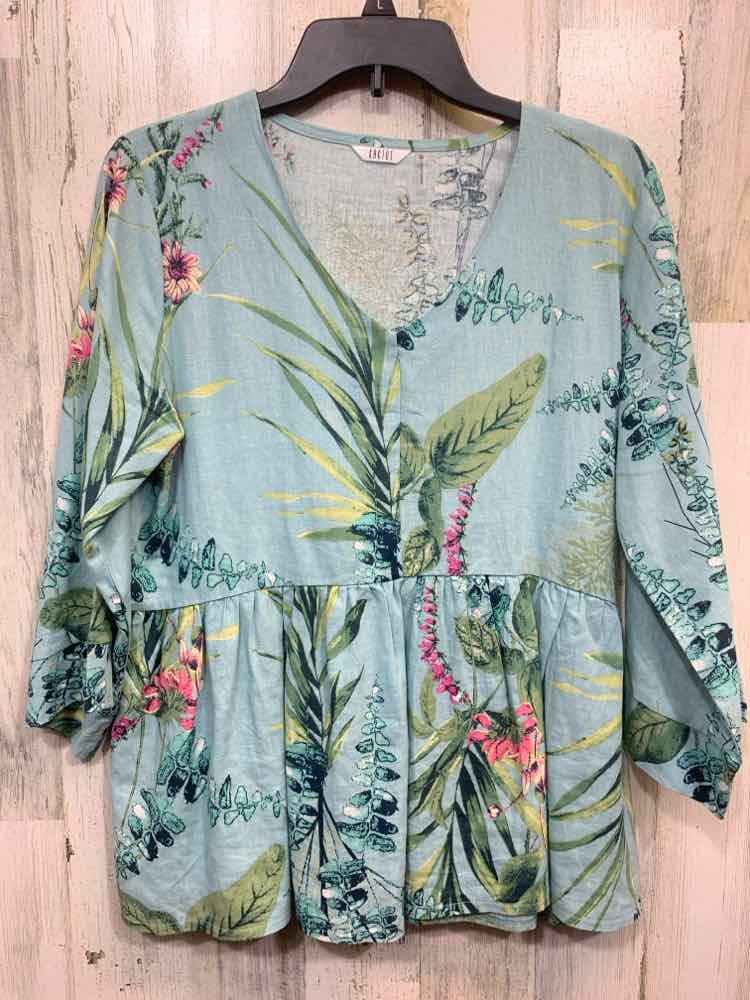 PRE-OWNED KAKTUS Tops Size S AQUA/GREEN/HOT PINK PALM FRONDS 3/4 SLEEVE Blouse/P