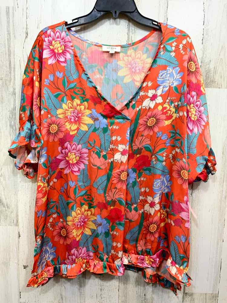PRE-OWNED UMGEE Tops Size L ORANGE/TEAL/YELLOW/BLUE/GRN Floral Blouse/FLORAL SHO