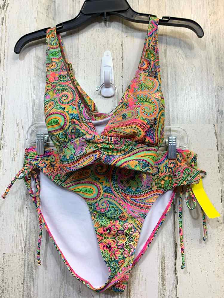 PRE-OWNED Size L GRN/YLW/BLU Paisley Swimsuit/SET TOP AND BOTTOM