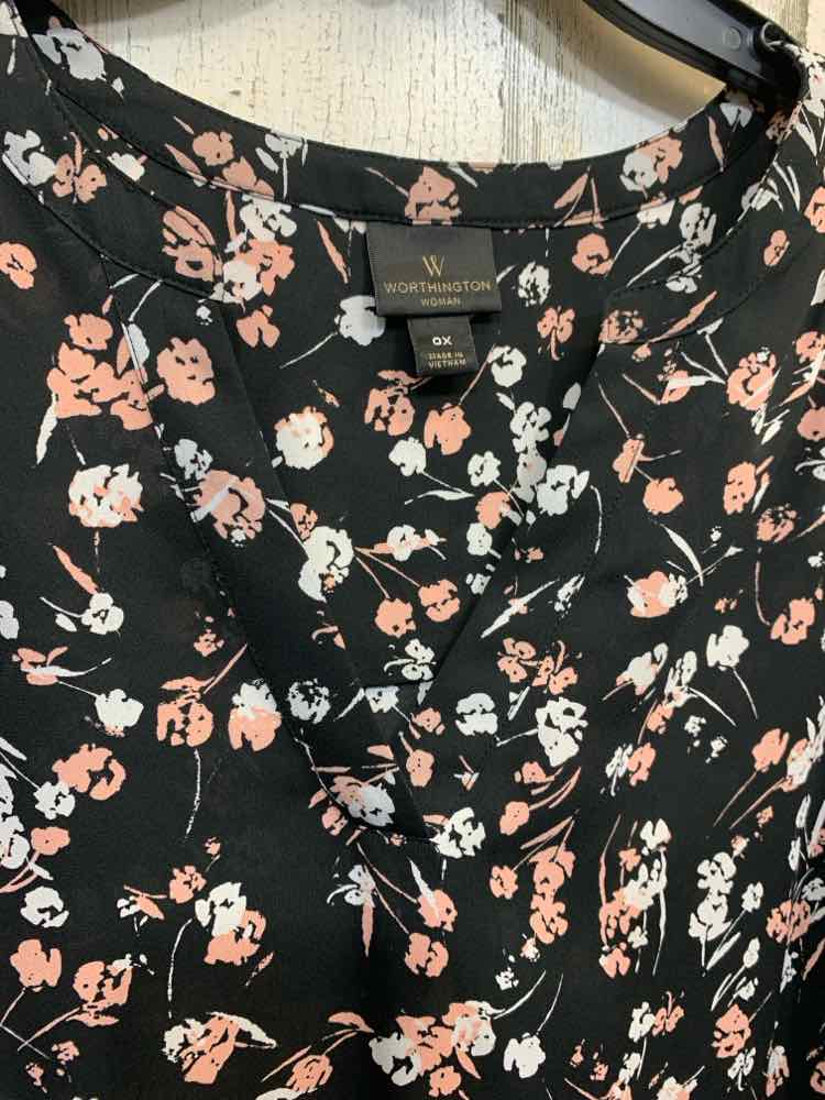 PRE-OWNED WORTHINGTON Tops Size 0X BLK/PNK/WHT Floral 3/4 SLEEVE Blouse/V CUT FR