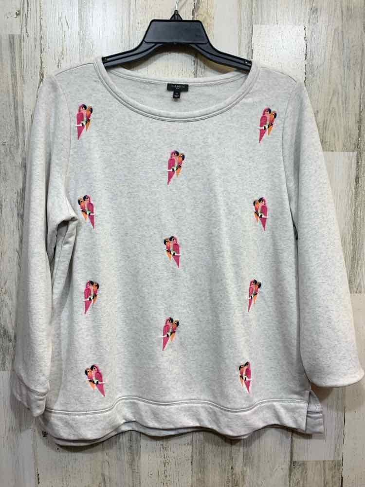 PRE-OWNED TALBOTS Size 1X PLUS SIZES Gray LONG SLEEVE W/PARROTS EMBROIDERY TOP