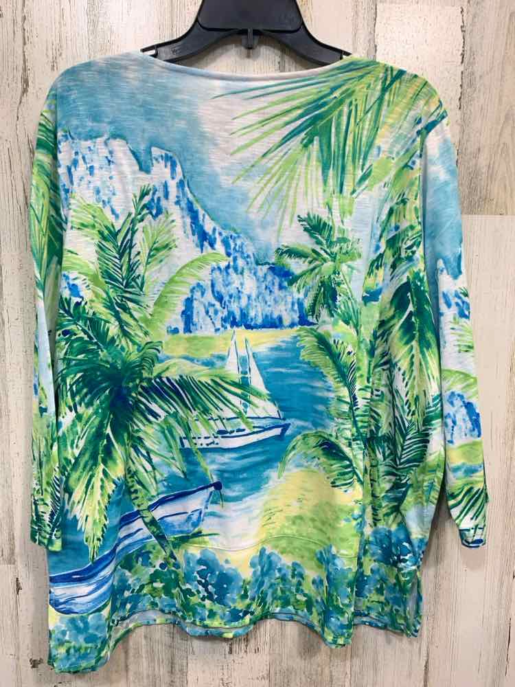 PRE-OWNED ALFRED DUNNER Tops Size L WHT/GRN/BLU 3/4 SLEEVE Blouse