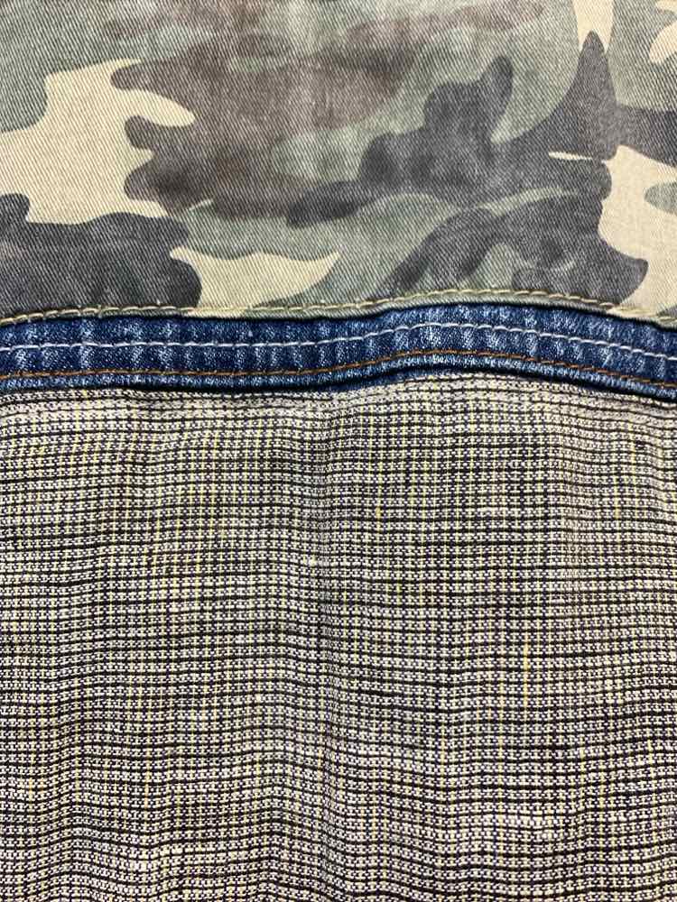 PRE-OWNED CARBON JEANS/MIXED-MEDIA VEST W/ GRAY TEXTURED PANELS & CAMO SHOULDERS