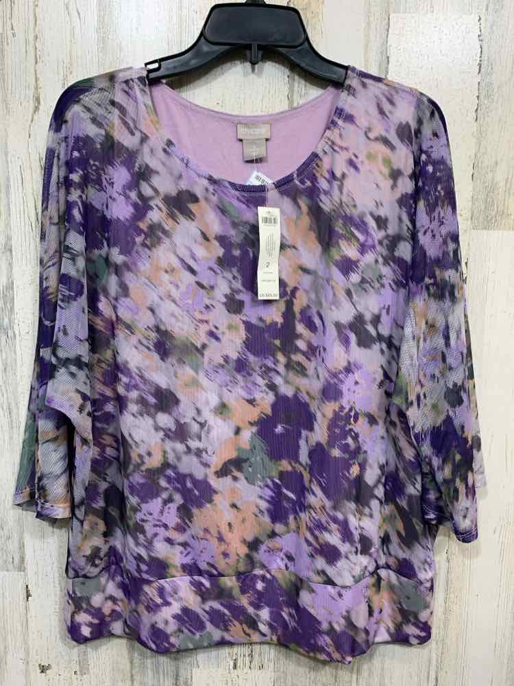NWT CHICO'S Size 2 Tops PRPL/GRN PEACH SCOOP NECK ABSTRACT BAT SLEEVES Blouse