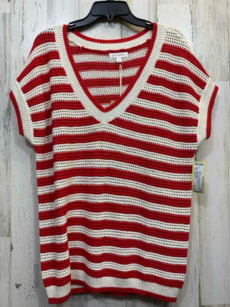 NWT BLUE PEPPER Tops Size L WHITE/RED Crochet KNIT Stripe SHORT SLEEVES Blouse