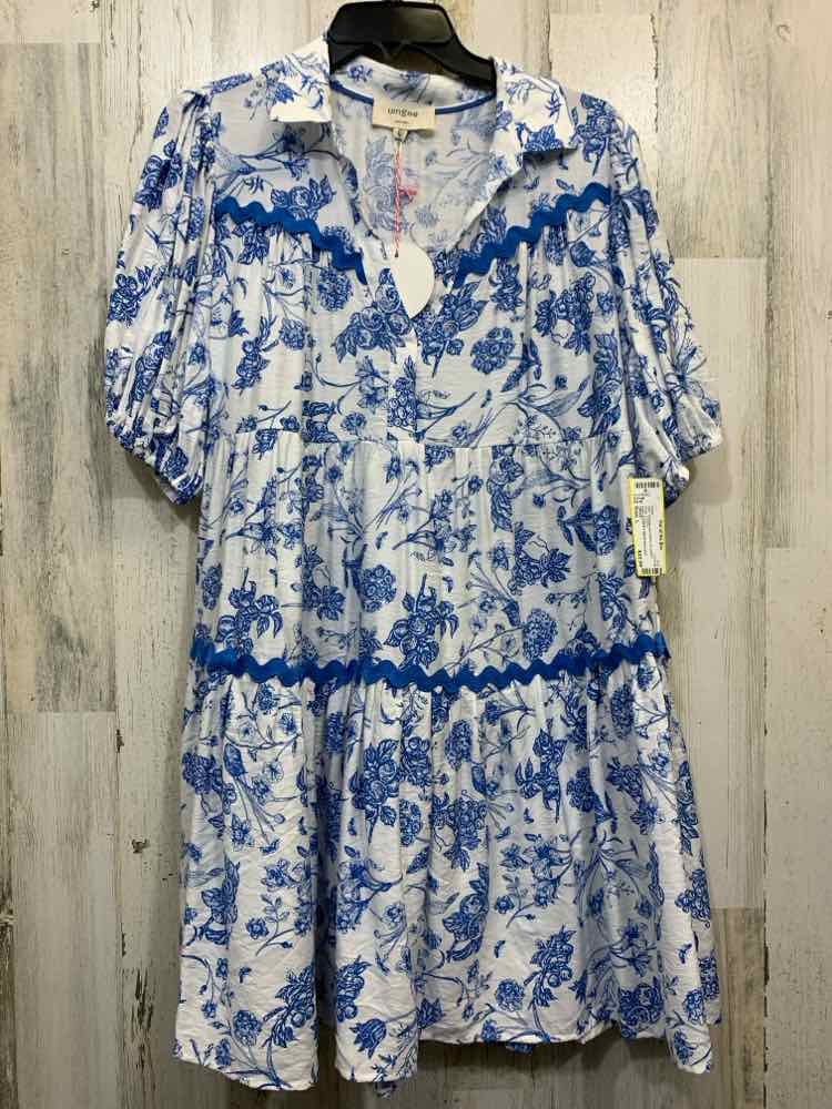 NWT UMGEE Dresses and Skirts Size L BLU/WHT Floral TIERED Dress/PUFF SLEEVE V NE