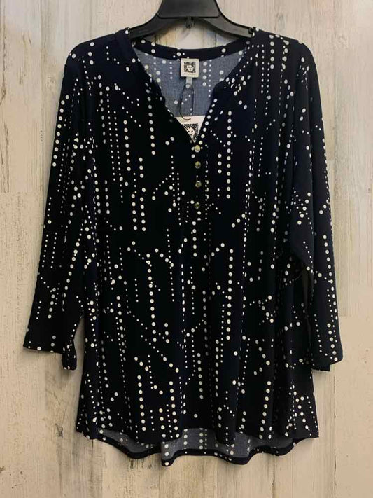 NWT ANNE KLEIN PLUS SIZES Size 2X NAVY BLUE Polka Dot LONG SLEEVES TOP/4 BUTTONS