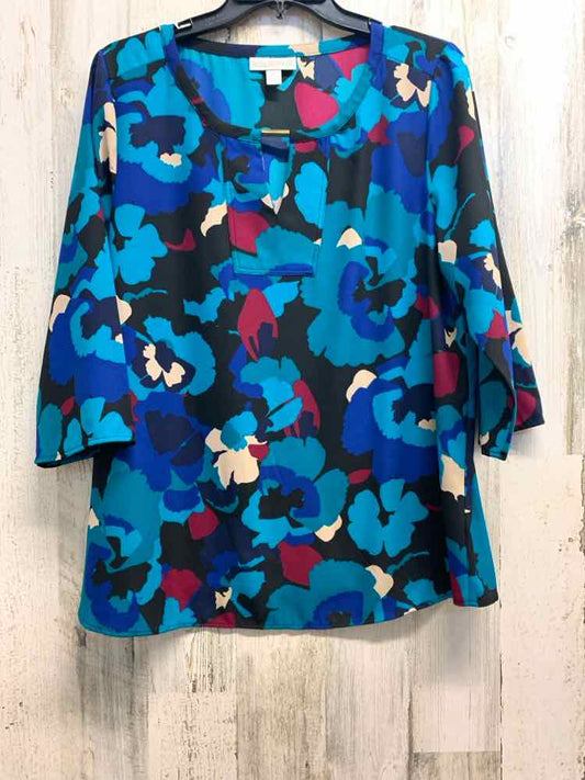 PRE-OWNED DANA BUCHMAN Tops Size L AQUA/BLUE/WINE/BLACK/CREAM Floral TOP/LONG SL